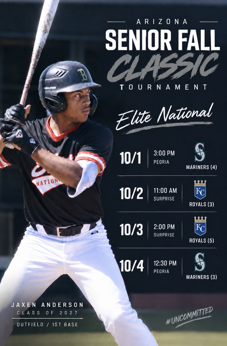 JaxAnd27's tweet photo. Schedule update for Game 2 (time change) for this weekends AZ Senior Fall Classic with @elite_national2 

2027 - Outfielder/1B 
#Uncommitted2027 
#azbaseball 
#azfc
#azfallclassic
#uncommitted https://t.co/F5ZQe0xjDd