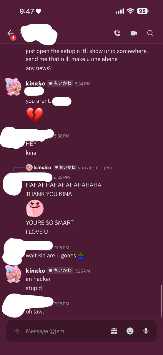 archive_kinako's tweet photo. i got my main back 🥹🥹🥹

hecker literally had this convo with themselves ToT HELP--

from 5:30pm to 9:00pm 🥹🥹 https://t.co/xXELn7NKIi