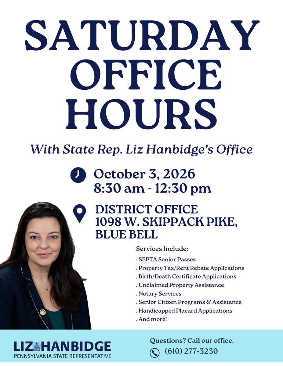 RepHanbidge's tweet photo. Our extended Saturday office hours are back!
📅 Saturday, October 3
 ⏰ 8:30–12:30
We'll be available to help with state-related services, notaries, unclaimed property claims &amp; more. If your schedule makes it difficult to visit us during the week, Saturday is for you. https://t.co/CVYdhtTzxt