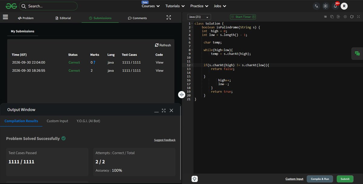 Ritvik2468's tweet photo. Day 14 of #120daysPhoenixArc by
@siamjuit 

~ Solved Palindrome String problem on GeeksforGeeks ~ Practiced two-pointer approach forstring
    manipulation https://t.co/Cxd9j9wkEE