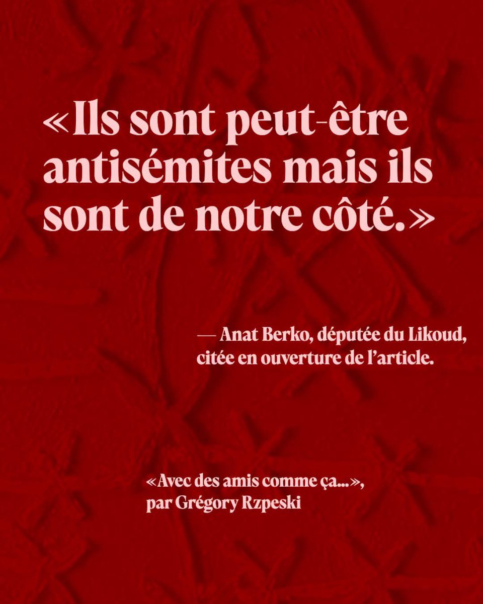 karimbitar's tweet photo. “Hostilité à l’islam, défense d’un Occident assiégé : le rapprochement entre les extrêmes droites européennes et le gouvernement israélien repose sur des intérêts communs. Il s’accommode de l’antisémitisme.”
https://t.co/w6YxxoNbVA
“Le journaliste Adam Shatz se demande « où sont les Vidal-Naquet d’aujourd’hui en France ?».” via @mdiplo