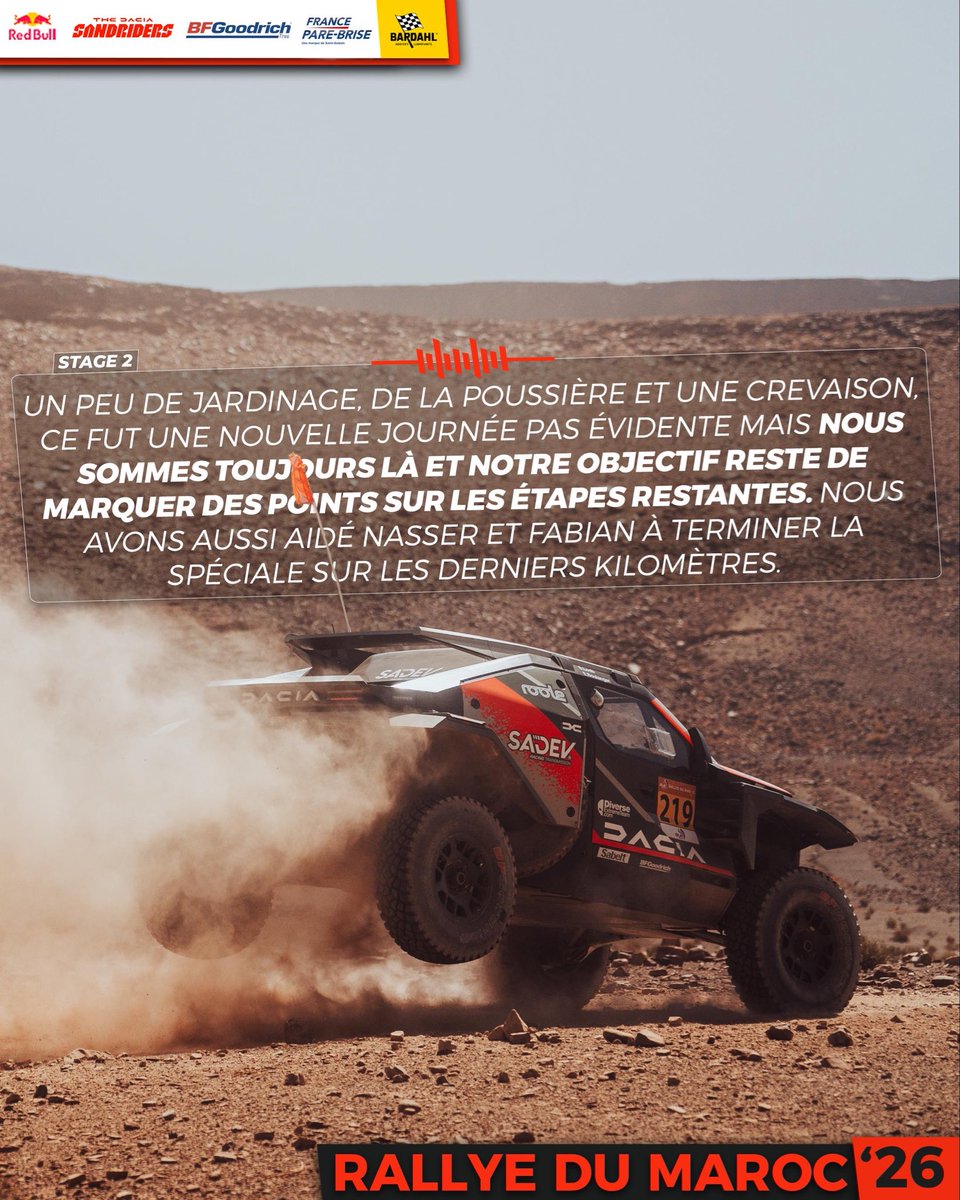 SebastienLoeb's tweet photo. Stage 2 ✔️

 💬  A bit of gardening, dust and a puncture, it wasn't an easy day, but we're still determined to score points. We also helped Nasser and Fabian finish the stage.

#TheDaciaSandriders #W2RC #RedBull #RichardMille #BFGoodrich #Bardahl #Bell #FrancePareBrise https://t.co/FGtP4ozlK9