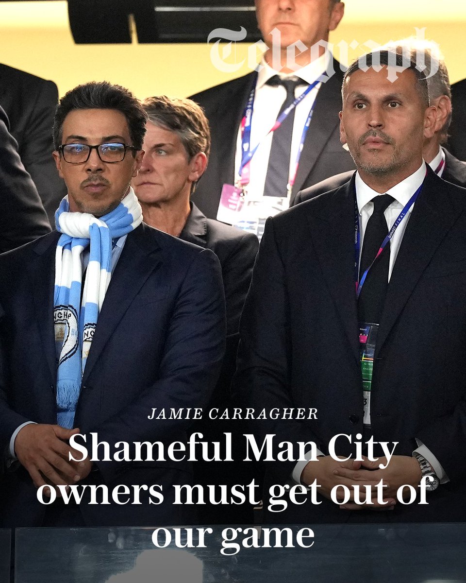 TeleFootball's tweet photo. 'The titles have to be taken off Manchester City. The punishment has to be severe to give the rules meaning, establish a precedent and guarantee a deterrent for future owners who may be tempted to follow City’s lead. 

'If the rebuke is mild enough to preserve City years of success, and enable a swift recovery back to the top, what would stop others believing it is worth the risk?'

Read @Carra23's full column ⤵️
https://t.co/lDkoi5bovx