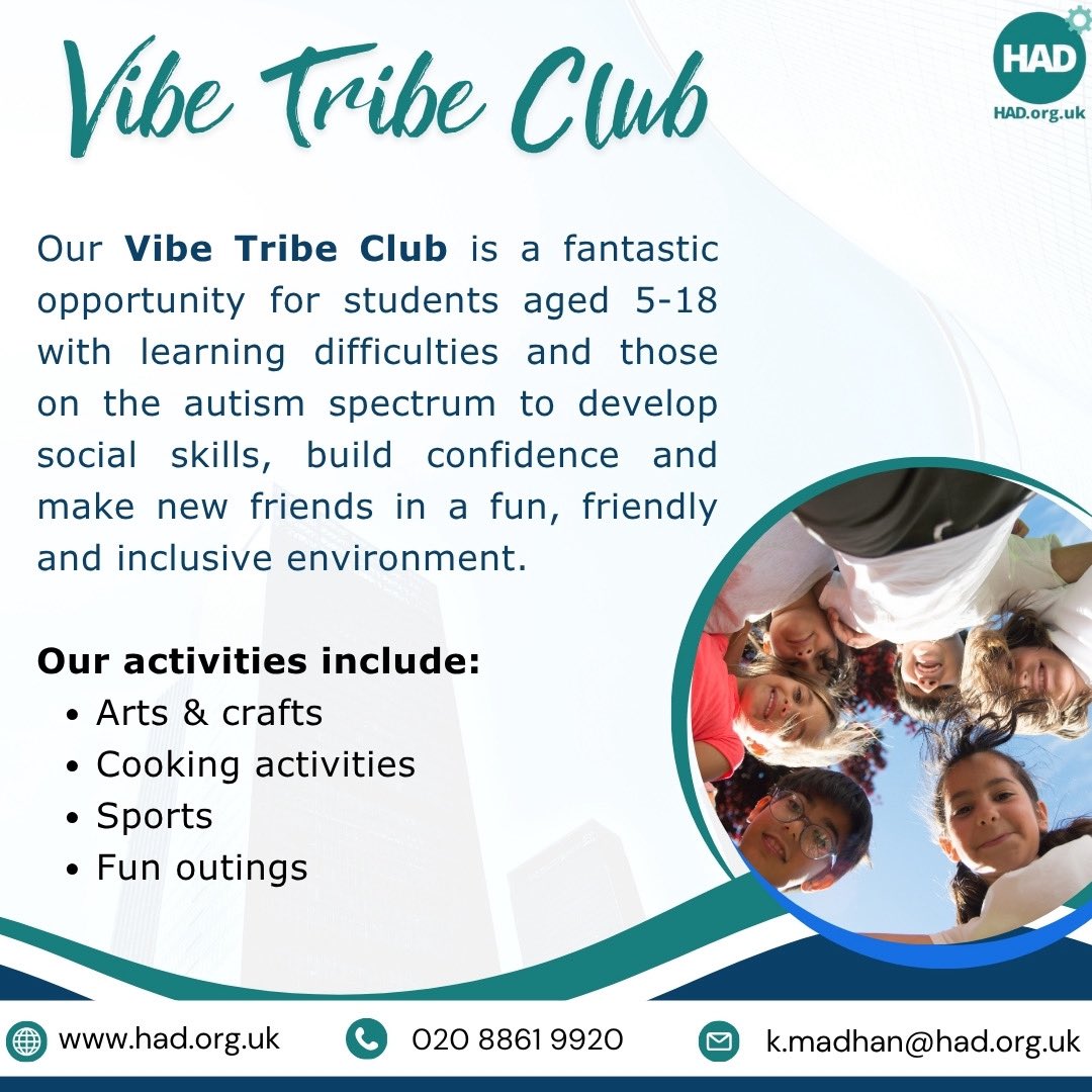 HarrowHAD's tweet photo. 🧵 🌟 Meet Vibe Tribe Club — a welcoming social club for students aged 5–18, including young people with learning difficulties and those on the autism spectrum.

💛 A safe space to socialise, have fun and develop confidence.

1/7 https://t.co/nynLjKh4Ch
