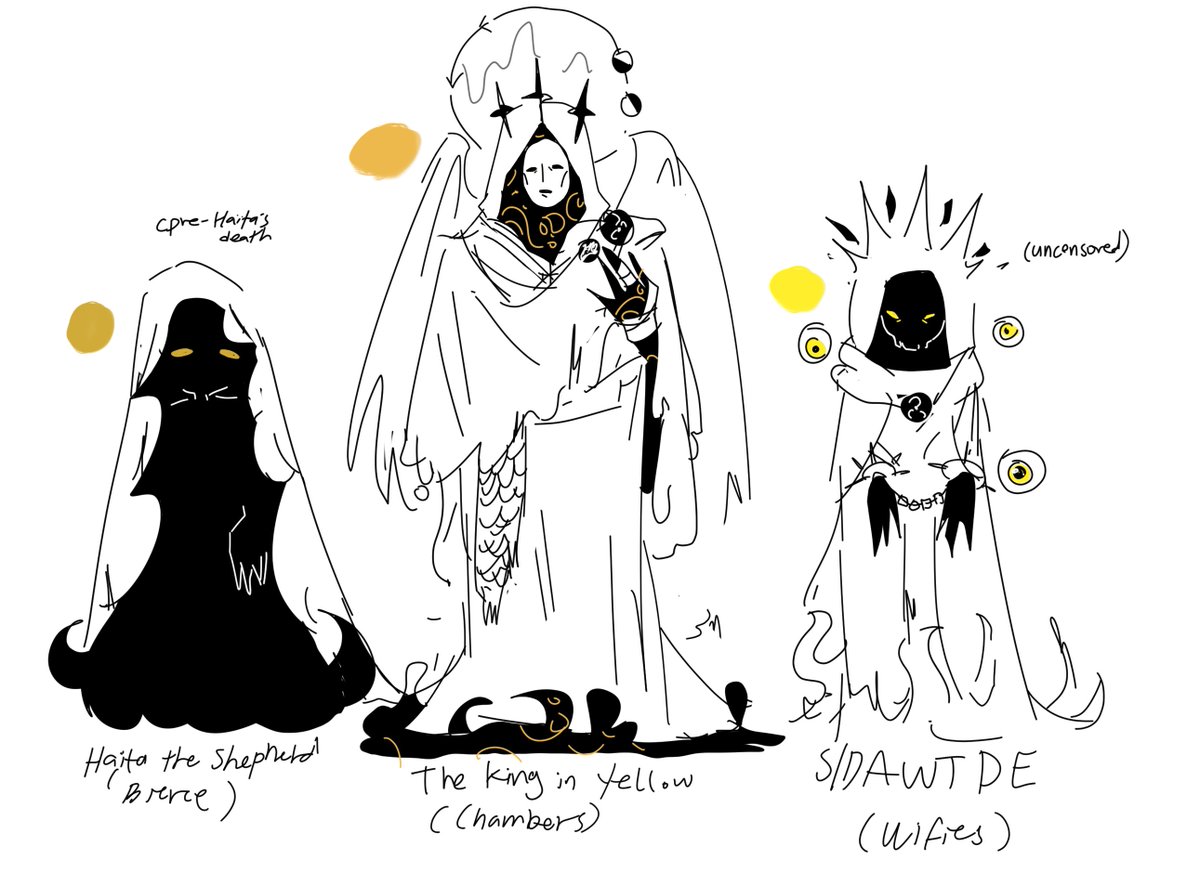 cc_inyellow's tweet photo. This is the closest i got to designs for the three hasturs I see around. I have a vague malevolent hastur (plus my john and yellow) but i need more time to design hastur there https://t.co/htktvfzIlq