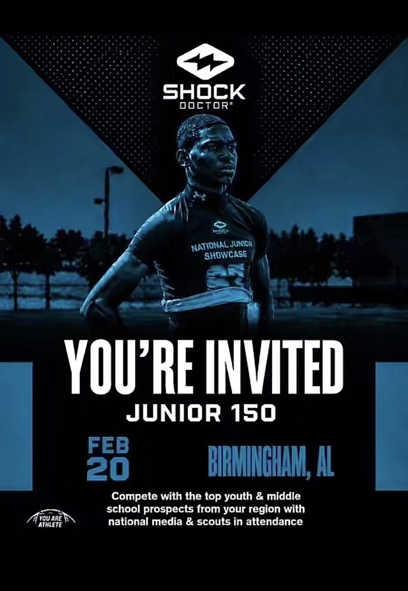 2031TaylenSmith's tweet photo. Blessed to receive an invitation to the Shock Doctor Junior 150 National Showcase 🏆🙏🏾
Feb. 20 • Birmingham, AL
Time to compete with the best. 🗣️🔥
#Junior150 #ShockDoctor #WR #ClassOf2031 https://t.co/m7q51qfimW