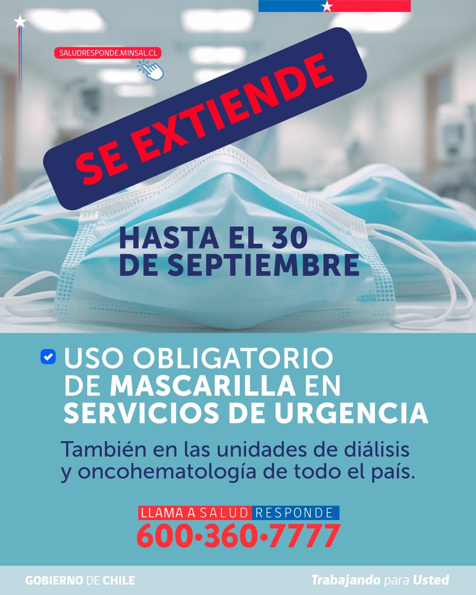 Salud_Responde's tweet photo. ✅@ministeriosalud

#UsoDeMascarilla😷hasta el 30 de septiembre

▶️ Debido a la alta circulación viral, aumento de consultas y mayor ocupación de camas críticas, especialmente en niñas/os y personas de 65 años y más.

Consultas? 600 360 7777

RRSS y Chat Web https://t.co/axnEeY1W0i