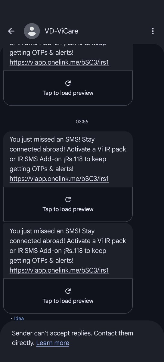 jaisonguru's tweet photo. @ViCustomerCare You guys have started implying additional package for international roaming 

When I subscribed for 1 year plan OTP was not blocked

Further to drub salt on our wound

You send a message you missed an SMS . 

But my other SMS are arriving. https://t.co/1QJCoZ8JBf