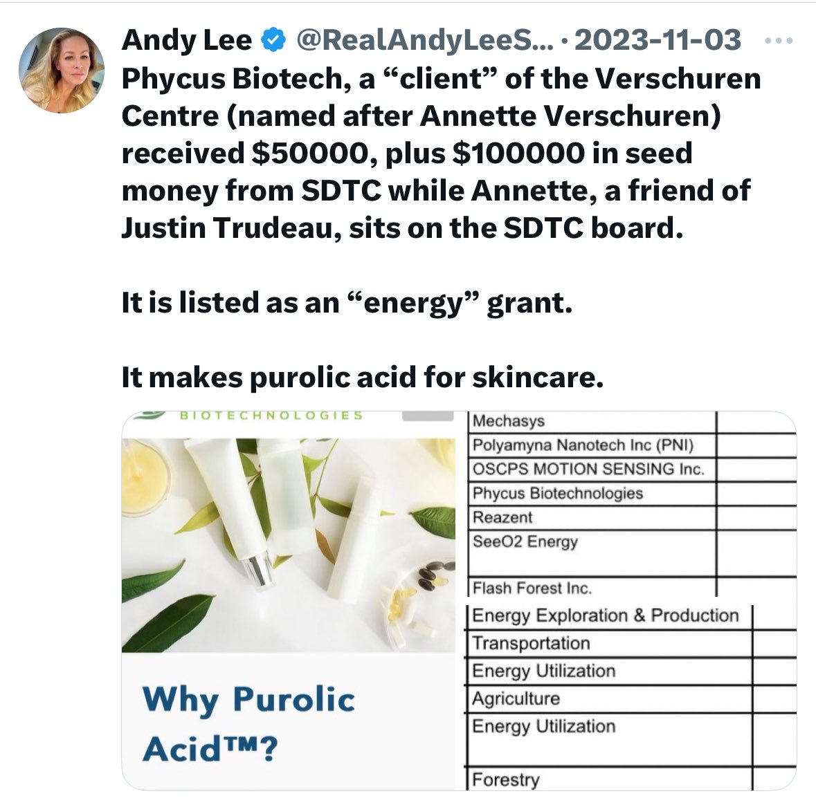 RealAndyLeeShow's tweet photo. The Liberals gave tens of millions in taxpayer cash to Trudeau’s personal friend at SDTC - one of the richest women in the world - to do things like make skincare products with green “energy” grant money.
They say it’s not worth recovering. https://t.co/fF3sB75dAF