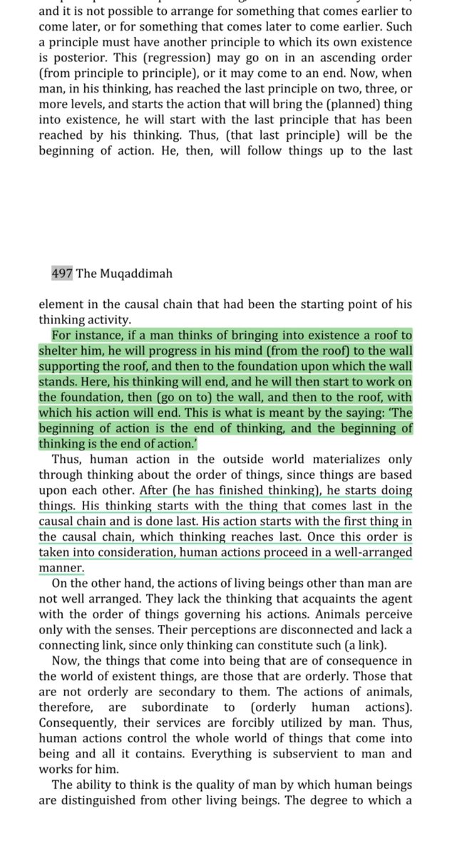 TheGrayFold's tweet photo. Ibn Khaldun explaining what we'd call “reverse-engineering a goal” today.

“The beginning of action is the end of thinking, and the beginning of thinking is the end of action.” https://t.co/zz91amW6F0