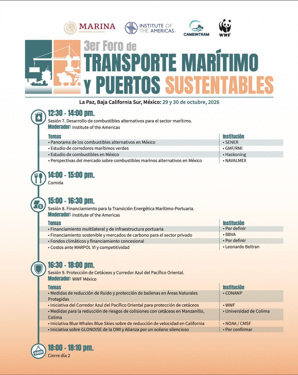CAMEINTRAM's tweet photo. ⚓ Tercer Foro de Transporte Marítimo y Puertos Sustentables | Agenda día 2 (29 y 30 de octubre de 2026) 🚢.  

A continuación, les compartimos el programa del día 2. 

🖊️ Regístrate aquí: https://t.co/uitjZvZ10M

📌 Nota: La agenda está sujeta a cambios.  

Únete a la conversación con el hashtag #RumboALasCeroEmisiones