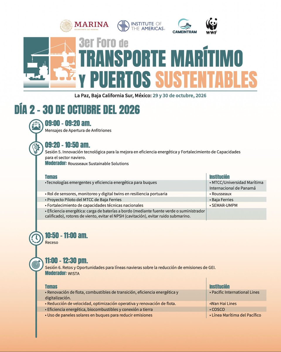 CAMEINTRAM's tweet photo. ⚓ Tercer Foro de Transporte Marítimo y Puertos Sustentables | Agenda día 2 (29 y 30 de octubre de 2026) 🚢.  

A continuación, les compartimos el programa del día 2. 

🖊️ Regístrate aquí: https://t.co/uitjZvZ10M

📌 Nota: La agenda está sujeta a cambios.  

Únete a la conversación con el hashtag #RumboALasCeroEmisiones