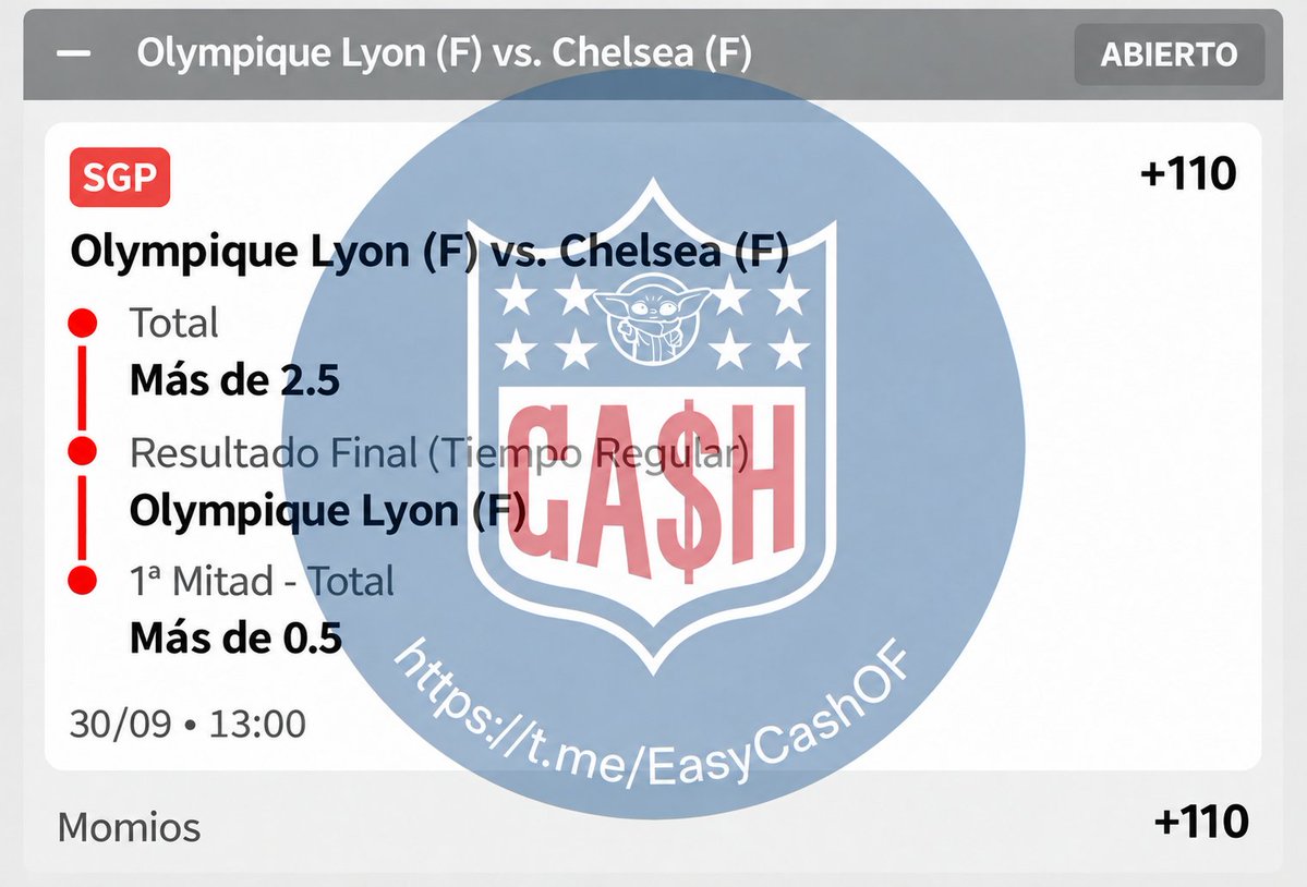 AdrianoPicks_MX's tweet photo. 🚨 𝗣𝗜𝗖𝗞 𝗗𝗘 𝗕𝗜𝗚 𝗠𝗔𝗡𝗡𝗬 🚨

⚽ Lyon F gana + Over 2.5 + 1H Over 0.5
🔥 Momio +110
💰 Vamos con 𝟱% 𝗱𝗲 𝗯𝗮𝗻𝗸

Más apuestas 𝗚𝗥𝗔𝗧𝗜𝗦 de #BigManny 👇
https://t.co/TJscdKTHoL https://t.co/N3OGPZox37