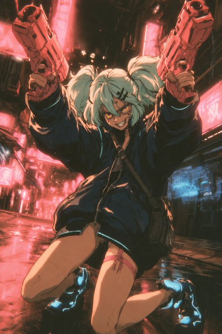 A cyberpunk-styled cosplay of Rebecca from *Edgerunners*, featuring the character wielding dual pistols while posing playfully in a neon-lit, rain-slicked alleyway that evokes her signature pink-and-black aesthetic.