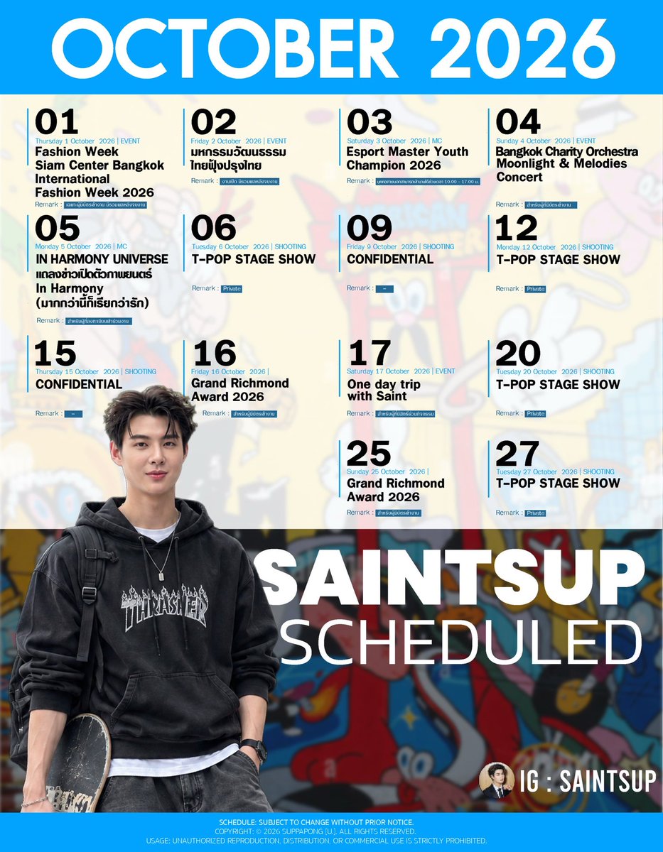 mingmingstudio's tweet photo. Saint Suppapong's Monthly Scheduled  

🗓️ October 2026

Note : The schedule may be subject to change based on updated information

#Saint_sup #MingEr #Mingmingstudio https://t.co/3TCfR1W44H