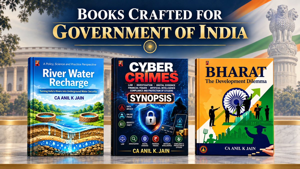 caanilkumarjain's tweet photo. Ahimsa Foundation
Ahimsa Foundation is pleased to support the publication of this series of books authored by CA Anil K. Jain, addressing issues of contemporary and long-term importance to India.
The three works—River Water Recharge, Cyber Crimes, and Bharat: The Development Dilemma—engage with distinct but interconnected challenges facing our country: the responsible management of natural resources, the protection of citizens and institutions in an increasingly digital world, and the pursuit of inclusive, sustainable and balanced national development.
At Ahimsa Foundation, we believe that meaningful progress begins with knowledge, informed dialogue and a willingness to examine complex public issues from multiple perspectives. India’s development journey requires not only economic advancement and technological capability, but also environmental responsibility, institutional strength, social awareness and concern for future generations.
Our support for these publications reflects our commitment to encouraging research, public awareness, constructive policy discourse and ideas that contribute to the larger national interest. We hope these books will serve as useful reference material for policymakers, administrators, professionals, academics, researchers, students and concerned citizens, and will stimulate thoughtful discussion on practical solutions to some of India’s important challenges.
The Foundation appreciates the author’s effort in bringing together policy, professional experience, analysis and practical perspectives through these publications. We are pleased to facilitate their wider dissemination in the spirit of knowledge-sharing and public service.
Ahimsa Foundation
Supporting Knowledge • Encouraging Dialogue • Serving Society
*** “The sponsorship of these publications by Ahimsa Foundation is intended to support knowledge dissemination and does not imply endorsement by any government department or authority.”