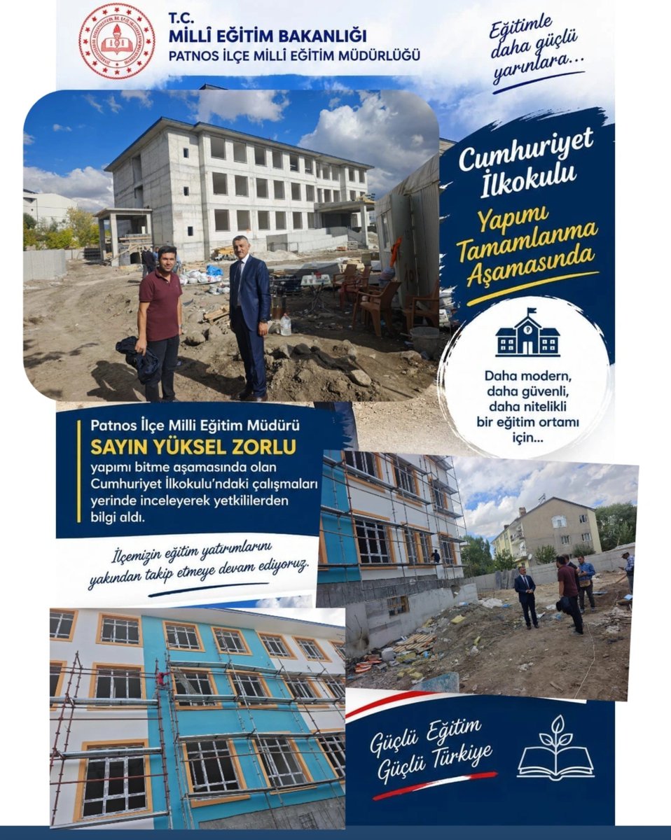 PatnosMEM's tweet photo. 📍CUMHURİYET İLKOKULUMUZDA SONA DOĞRU

Patnos İlçe Millî Eğitim Müdürümüz Sayın Yüksel ZORLU, yapımı tamamlanmak üzere olan Cumhuriyet İlkokulumuzda incelemelerde bulundu.

Okulda yürütülen son çalışmalar hakkında bilgi alan Sayın ZORLU, incelemelerde bulunarak çalışmaların mevcut durumunu yerinde değerlendirdi.

Öğrencilerimiz için daha modern, güvenli ve nitelikli eğitim ortamları oluşturmak amacıyla çalışmalarımız devam ediyor. 

Yüksel ZORLU 
Patnos ilçe milli eğitim müdürü 

@tcmeb 
@tcagrivaliligi 
@agrimem 
@halukcakan12 
@patnos_004
@YkselZorlu