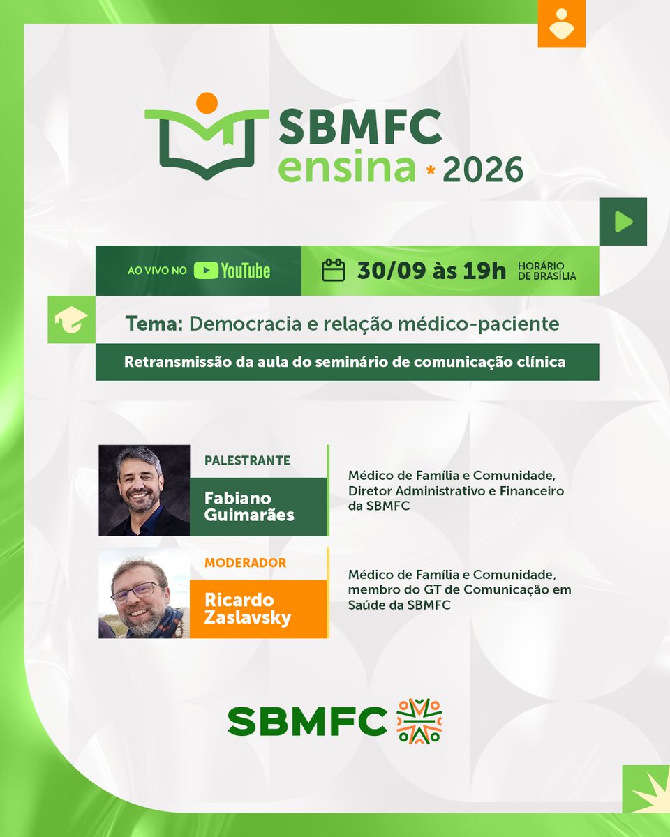 sbmfc's tweet photo. Como a democracia se relaciona com o cuidado em saúde? E de que forma ela atravessa a relação entre médicos(as) e pacientes?

No SBMFC Ensina de hoje, será retransmitida uma palestra que se destacou no Seminário de Comunicação Clínica! 
+ https://t.co/w5SEbDJmGa