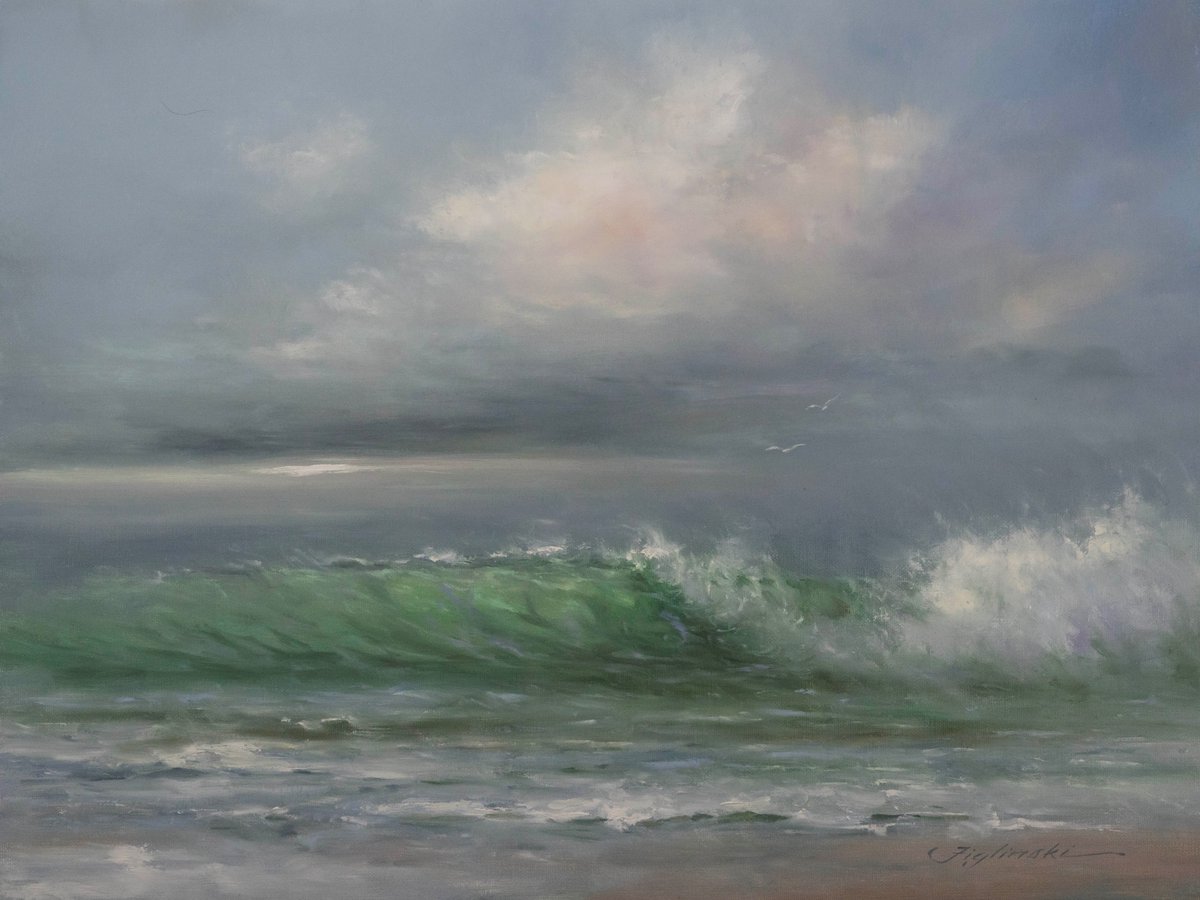 Figlinski's tweet photo. I was in the mood to paint something with power and movement as we tracked Tropical Storm Bertha making its way up the Gulf. It brought back memories of living in Panama City Beach, where an approaching storm quickly became the talk of the beach.

Most of the tourists would pack up and head home, their vacations cut short. For those of us who lived and worked there, it meant a welcome little pause in the middle of an otherwise hectic tourist season.

One of the highlights was always going down to the beach to watch the Gulf change. The waves became larger, heavier, and far more energetic than usual—powerful and beautiful at the same time. I especially loved the way the emerald water seemed to glow against the darkened sky. That contrast, along with the feeling of a storm gathering offshore, is what I wanted to capture in this painting.