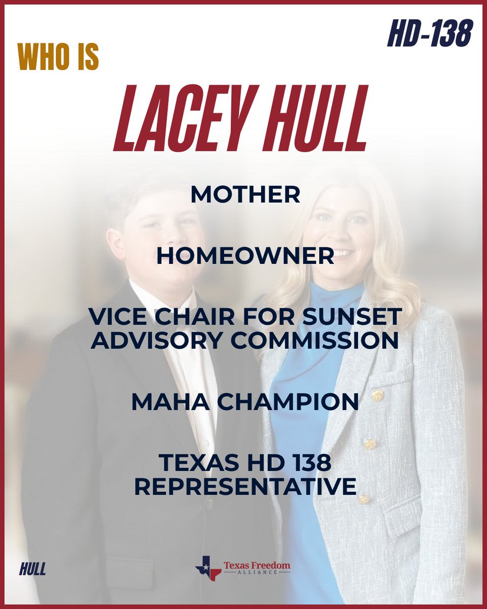 TXFreeAlliance's tweet photo. 🌟 LEGISLATOR SPOTLIGHT 🌟
This week, Texas Freedom Alliance is highlighting Rep. @LaceyHullTx and her fight for House District 138 and Harris County
.
Swipe through to learn more!

We need strong conservative leaders back in Austin.

#txlege #harriscounty #legislatorseries https://t.co/ETQ5XHXyDA