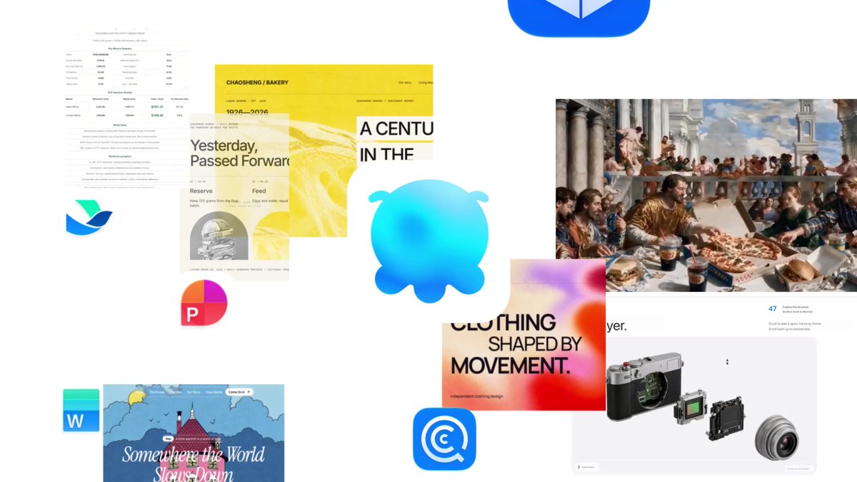 A collage of various graphic design works, including spreadsheets, bakery menus, Renaissance painting edits with pizza, camera designs, and app icons.