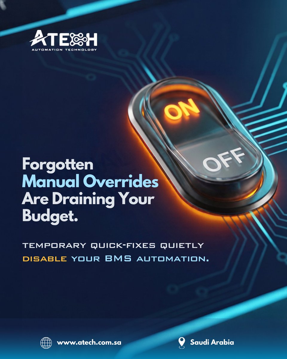 atech_saudi's tweet photo. The most expensive button in your building is the Manual Override.
When operators manually lock setpoints, those become permanent bypasses.
Tag an Operations Lead or BMS Technician!
#BuildingManagementSystem #BMS #HVACControls #FacilityManagement #BuildingAutomation #ATECH https://t.co/tvba61qStc