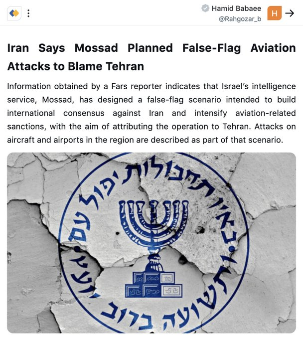 ImBreckWorsham's tweet photo. Just hours before the attack, Iranian media said it had intelligence indicating Israel was preparing an airstrike designed to be blamed on Tehran—with the alleged goal of creating international pressure against Iran.

Imagine that. https://t.co/4hou1NRrWQ