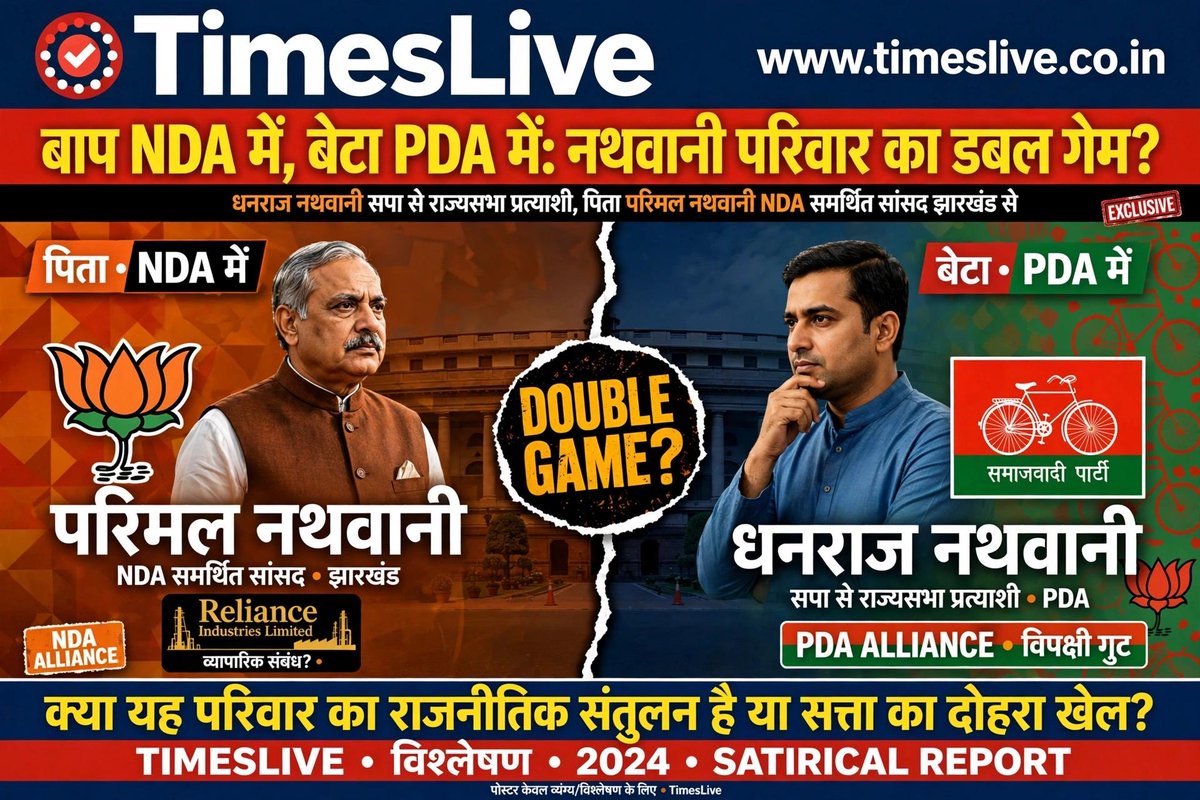 b_times_'s tweet photo. बाप NDA में, बेटा PDA में  गुजराती मजे में वही धनराज जो रिलायंस ग्रुप के प्रेसिडेंट हैं, गुजरात क्रिकेट एसोसिएशन के चेयरमैन पिता? *परिमल नथवानी* झारखंड में NDA के साथ, सत्ता के साथ।
- बेटा यूपी में सपा के PDA के साथ, विपक्ष के साथ।
- परिवार दोनों जगह सेट, बिजनेस सेफ। https://t.co/Wfp6NhE9nU