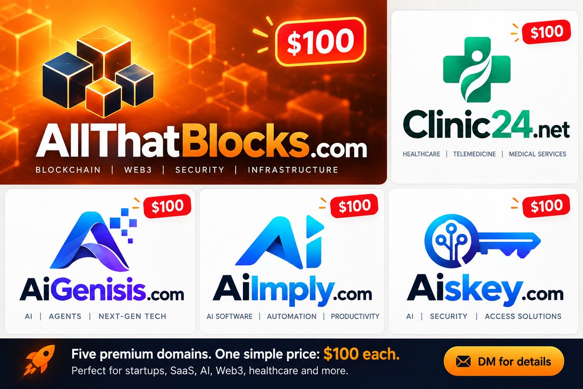 EssamOptNames's tweet photo. Five brandable domains. One simple price: $100 each. 💥
🔹 https://t.co/C5GYCqyxD0 — Web3, blockchain & security
🔹 https://t.co/oeBn8QQTYa — Healthcare & medical services
🔹 https://t.co/nXEF8VZiTi — AI, agents & next-gen tech
🔹 https://t.co/bqcF0YpvXy — AI software & automation
🔹 https://t.co/PAB5CmKry4 — AI, security & access tech
If you’re building something new, one of these could be the name you’ve been looking for.
$100 each — DM for details.
#Domains #DomainNames #BrandableDomains #AI #Web3 #HealthTech #Startups #SaaS #Tech