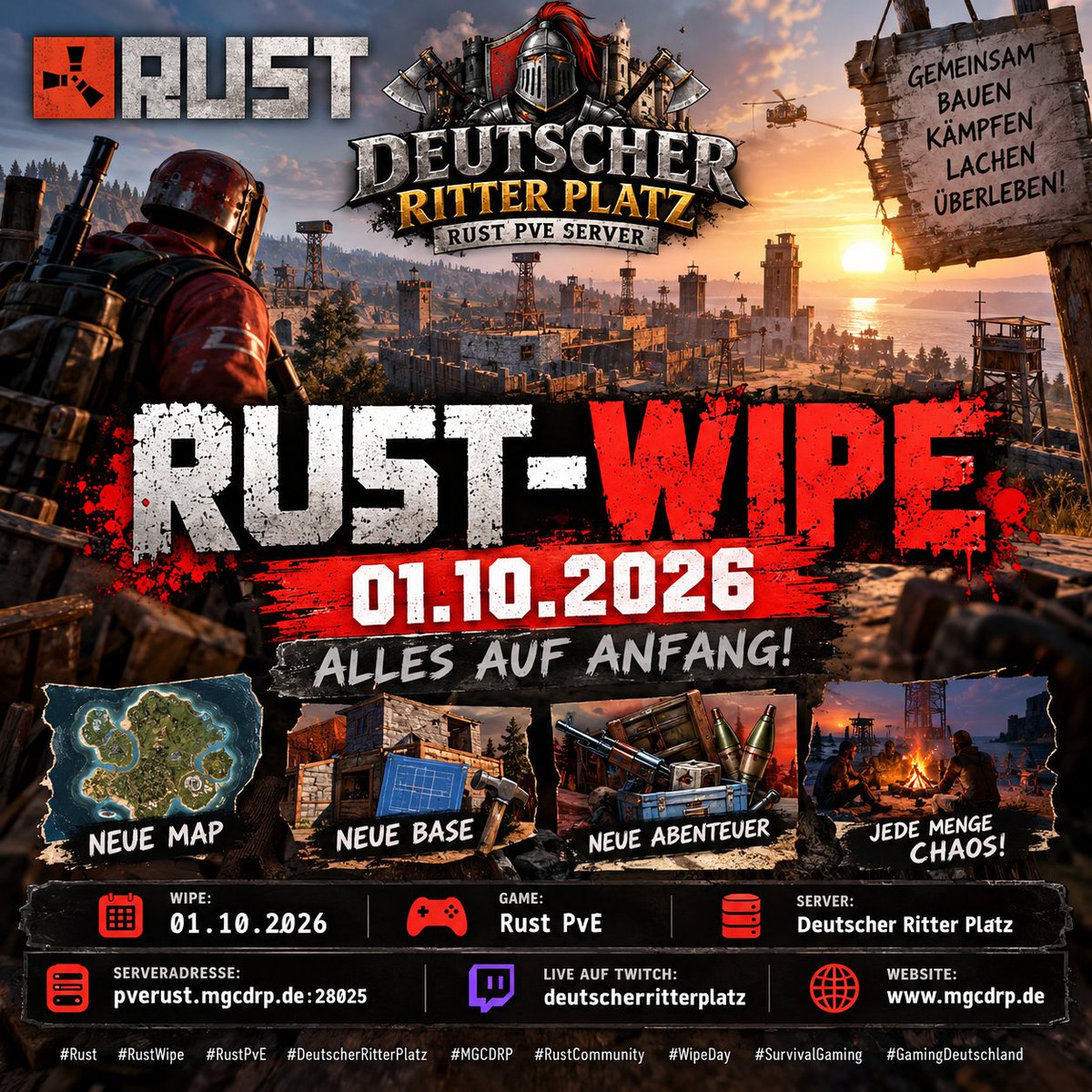 mgcdrp's tweet photo. 🔥 RUST WIPE – ALLES AUF ANFANG! 🔥
Am 01.10.2026 wird auf dem DeutscherRitterPlatz | Rust PvE Server gewiped.
Neue Map. Neue Base. Neue Abenteuer. Und natürlich wieder jede Menge Chaos! https://t.co/Q5jNmABvAO
