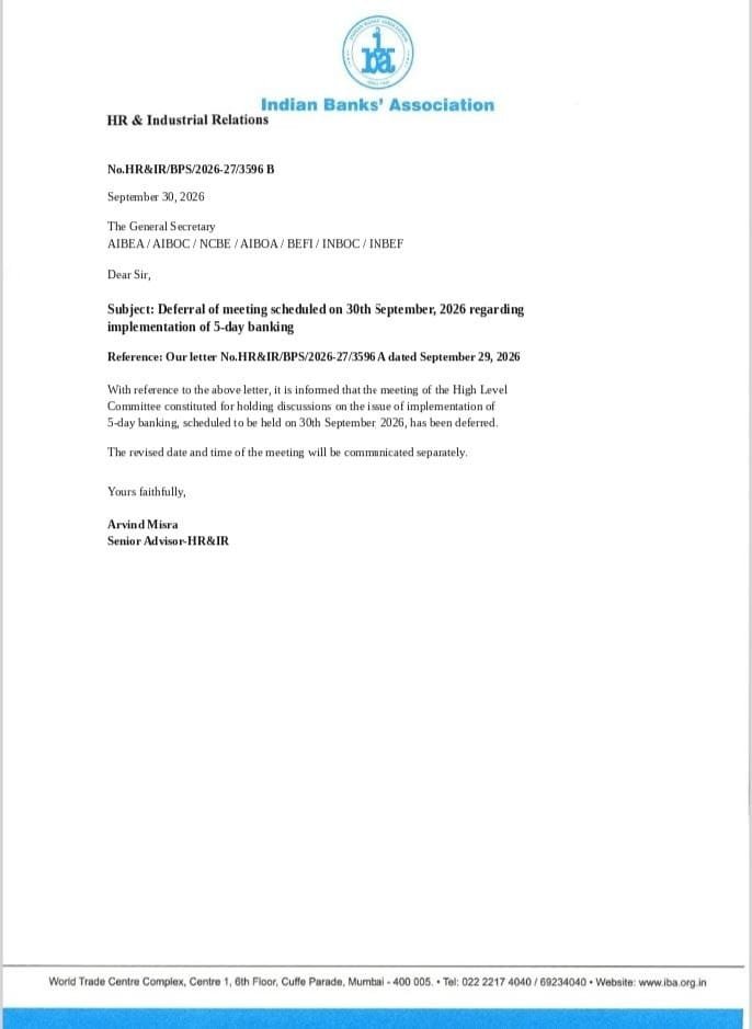 Hellobanker_in's tweet photo. 1st meeting of High level committee for 5-Day Banking scheduled for 30 September has been Deferred.

https://t.co/LP4pC7neVB https://t.co/I7kP2Y2kEb