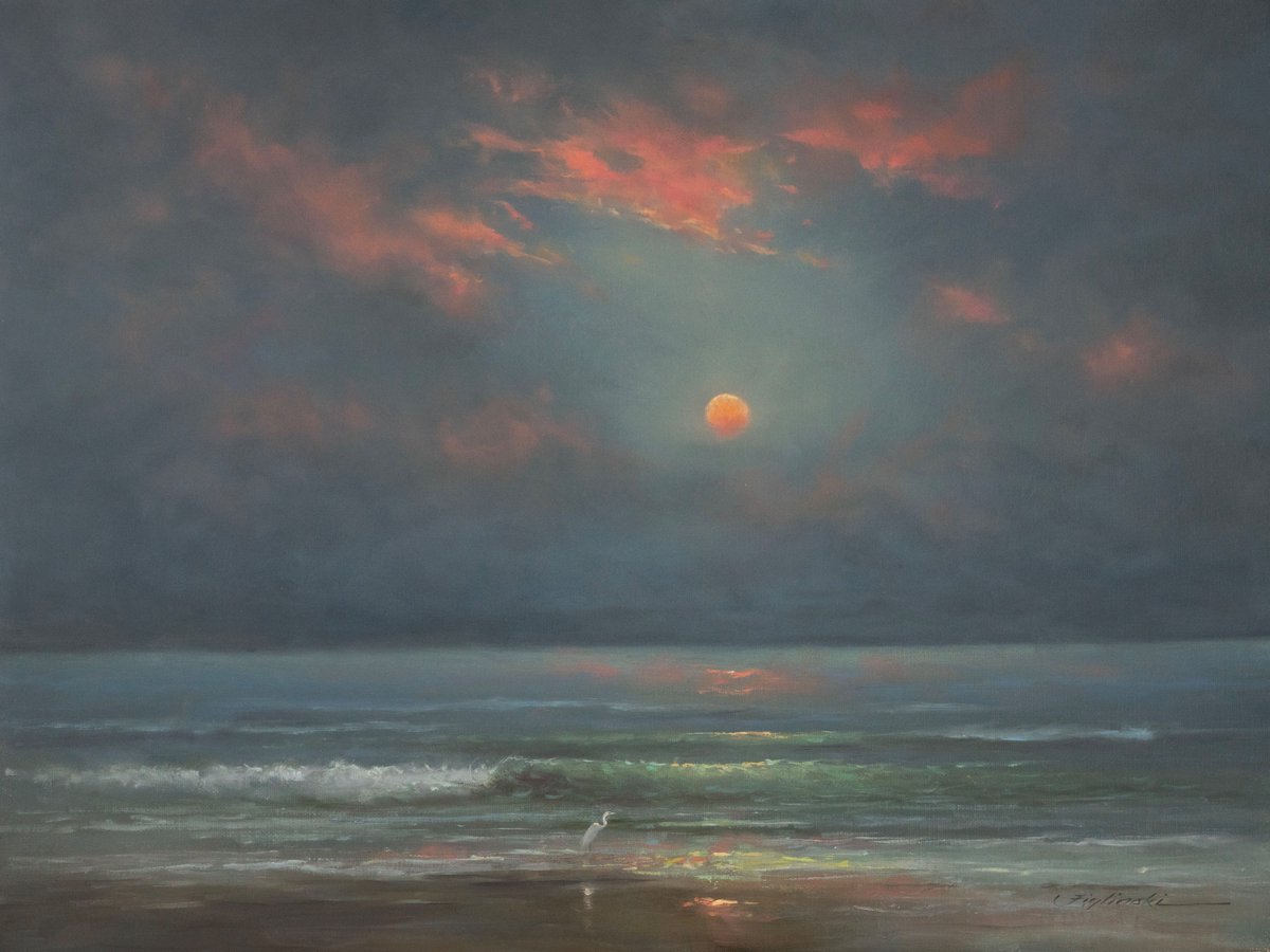 Figlinski's tweet photo. A harvest moon hangs low over the water, glowing orange through the heavy evening air. Above it, soft pink light catches the edges of the clouds, bringing warmth to an otherwise vast and endless sky. At the edge of the surf, a lone egret stands quietly, watching the shallow water for one last meal.

There is something peaceful about its solitude. The sea continues its steady rhythm, the moon rises without hurry, and the bird remains completely present in the moment. It is a scene of quiet survival, but also one of beauty—a reminder that even beneath an immense sky, life carries on in small and purposeful ways.

26079 “Under An Endless Sky”  12’ x 16’ oil on linen.