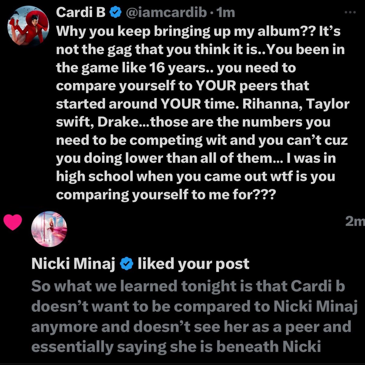 BarbzChronicle's tweet photo. one year ago Nicki had Cardi bowing down to her 😭😭 https://t.co/aWNKXcrYnk