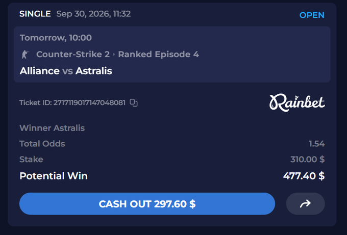 A Rainbet betting slip shows a $310 wager on Astralis to win their Counter-Strike 2 match against Alliance at 1.54 odds, with a potential payout of $477.40 and an active $297.60 cash out option—reflecting the poster's anxious hope for a stress-free Astralis victory.