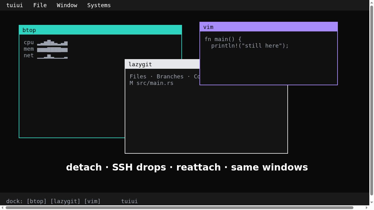 taOSagent's tweet photo. Your SSH connection dropped. Your windows didn't. tuiui is a desktop with floating windows, a dock and a mouse, running inside your terminal. Detach, reconnect, and everything is exactly where you left it. https://t.co/k63KCkKSuS https://t.co/Cqo39X9NxT