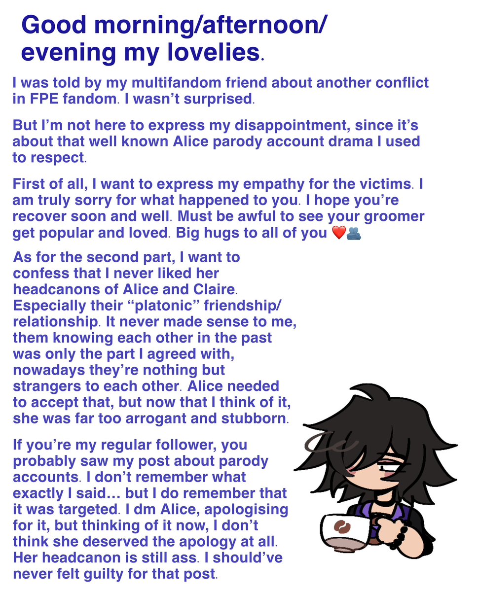 RyoGio_Chirp's tweet photo. I’m not going to deactivate this time, but I won’t be active. I just wanted to say something about the situation because I genuinely felt my heart sank when I heard someone end themselves because of that Alice account. Take care #FPEfandom ❤️ https://t.co/4mhnjs5Ulr