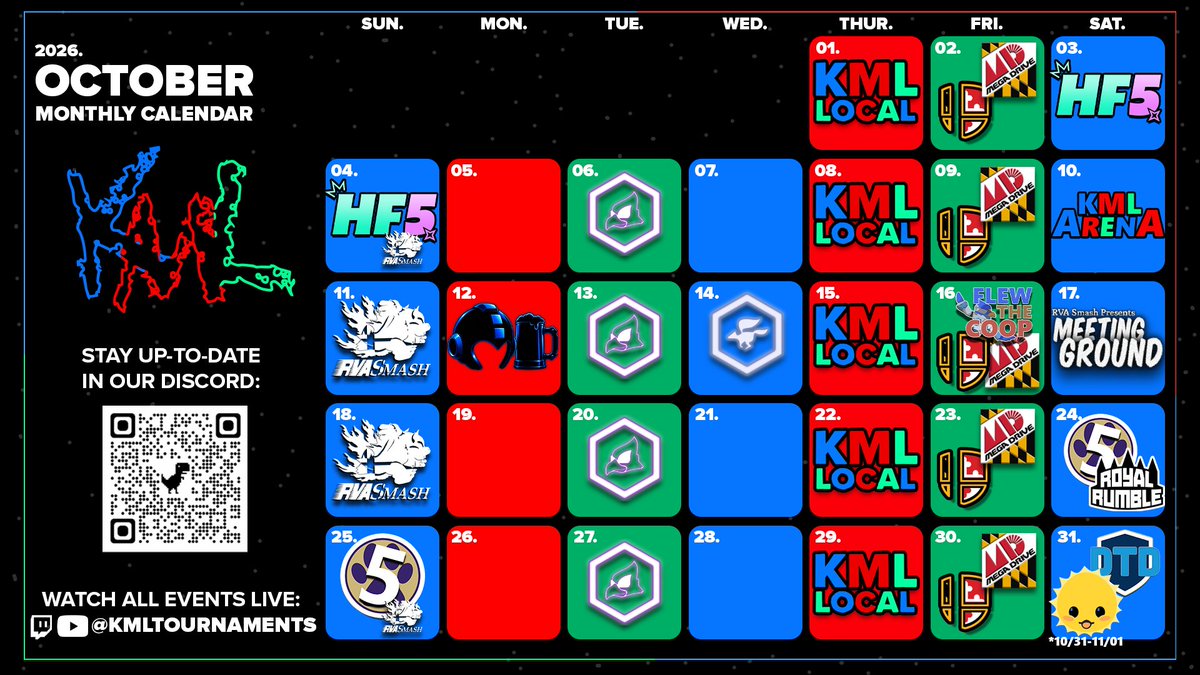 KMLTournaments's tweet photo. The KML October Calendar is here! Here's a rundown of all our events this month!! 

Check out this thread for all our event links! Our standout's this month include a whole host of events across the mid-atlantic and southeast!! As always, stay up to date on our twitter, discord, and twitch for updates on all these events and more!

Hitfall 5 - @MdvaRivals 
KML Arena 1 - @KMLTournaments 
Dont' Tap Out 1 - @LocallyTappedIn 
Birdbrained 12 - @CUEManassas 
Flew The Coop 4 - @CUEManassas 
Meeting Ground 13 - @RVASmash 
Royal Rumble 4 - @sknow_ 
Duke It Out 5 - @JMUFGC 
Defend The District 16 - @GWeekly_ssbu 
HizashiCon 2026 - @sknow_