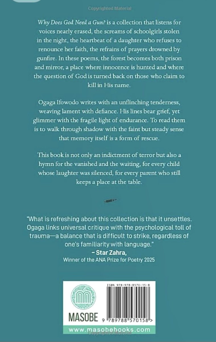 OgagaIfowodo's tweet photo. Please join me at my first reading from WHY DOES GOD NEED A GUN? my new book of poems, at RovingHeights Bookshop, Gimbiya St, Abuja, Sat, 3 Oct,  3 PM. WDGNAG is shortlisted for the NLNG Nigeria literature prize. https://t.co/TDpQtRUvA5