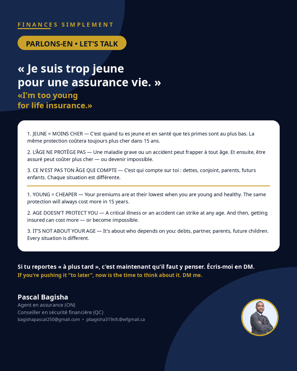 bagishapascal's tweet photo. "Je suis trop jeune pour une assurance vie." Faux procès : jeune = primes au plus bas + garanties les plus larges. Attendre = payer plus cher, parfois pour moins. Chaque situation est différente. Et toi, tu reportes quoi « à plus tard » ? 👇 DM ouverts. https://t.co/FVQqFnjLiq