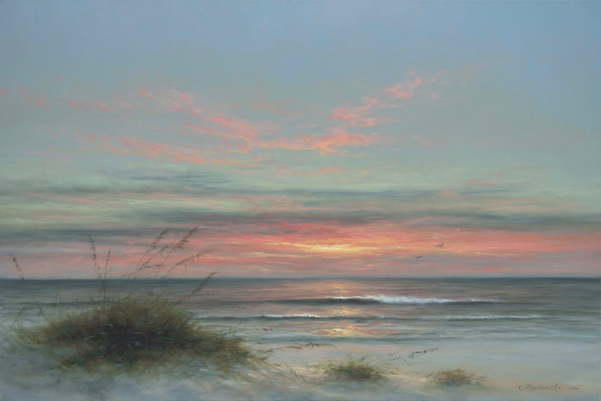 Figlinski's tweet photo. When the day lets go, the Gulf answers in soft light and color. Sea oats lean into the evening breeze, the waves roll in with their familiar hush, and the last glow lingers across the water like a memory not quite ready to leave. It is one of those quiet Florida moments that asks nothing of us but to stand still and take it in.
#26028 “When the Day Lets Go” 24” x 36” original oil on linen.