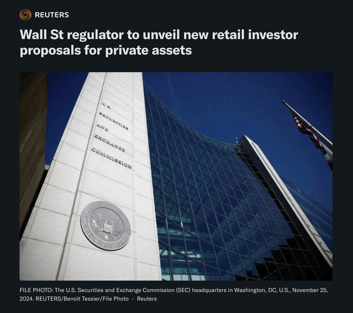 📋 SEC voted to open private markets to retail 🧵
🗳️ TODAY, 10am EDT:
SEC (3 commissioners, 0 Democrats) voted to PROPOSE rules expanding retail access to priv