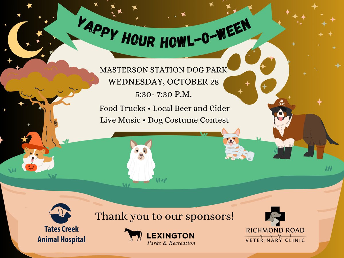 RichmondRoadVet's tweet photo. Yappy Hour Howl-o-ween is TONIGHT! 👻🐾

Dress your pup for the costume contest judged by @ryanlemond from @KSRonX and our own Dr. Smith! 🎃

Plus, enjoy food trucks, live music, and more!

#YappyHours #HalloweenPets #LexingtonKY https://t.co/gRgp8W4zCM