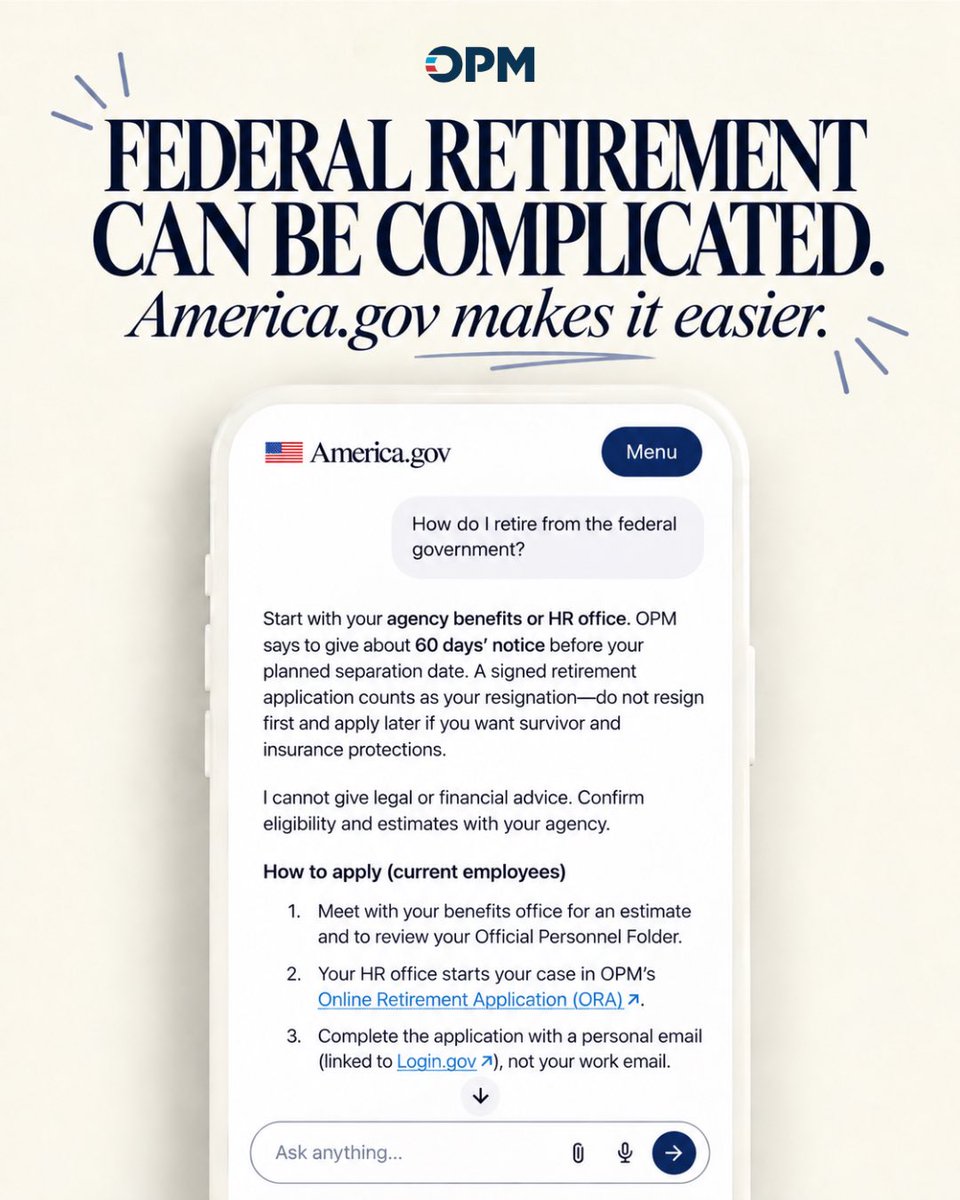 USOPM's tweet photo. From the start of your Federal Career to the end, https://t.co/Kp7s4hqJnC and @USOPM have you covered. https://t.co/X9IcgszI0f