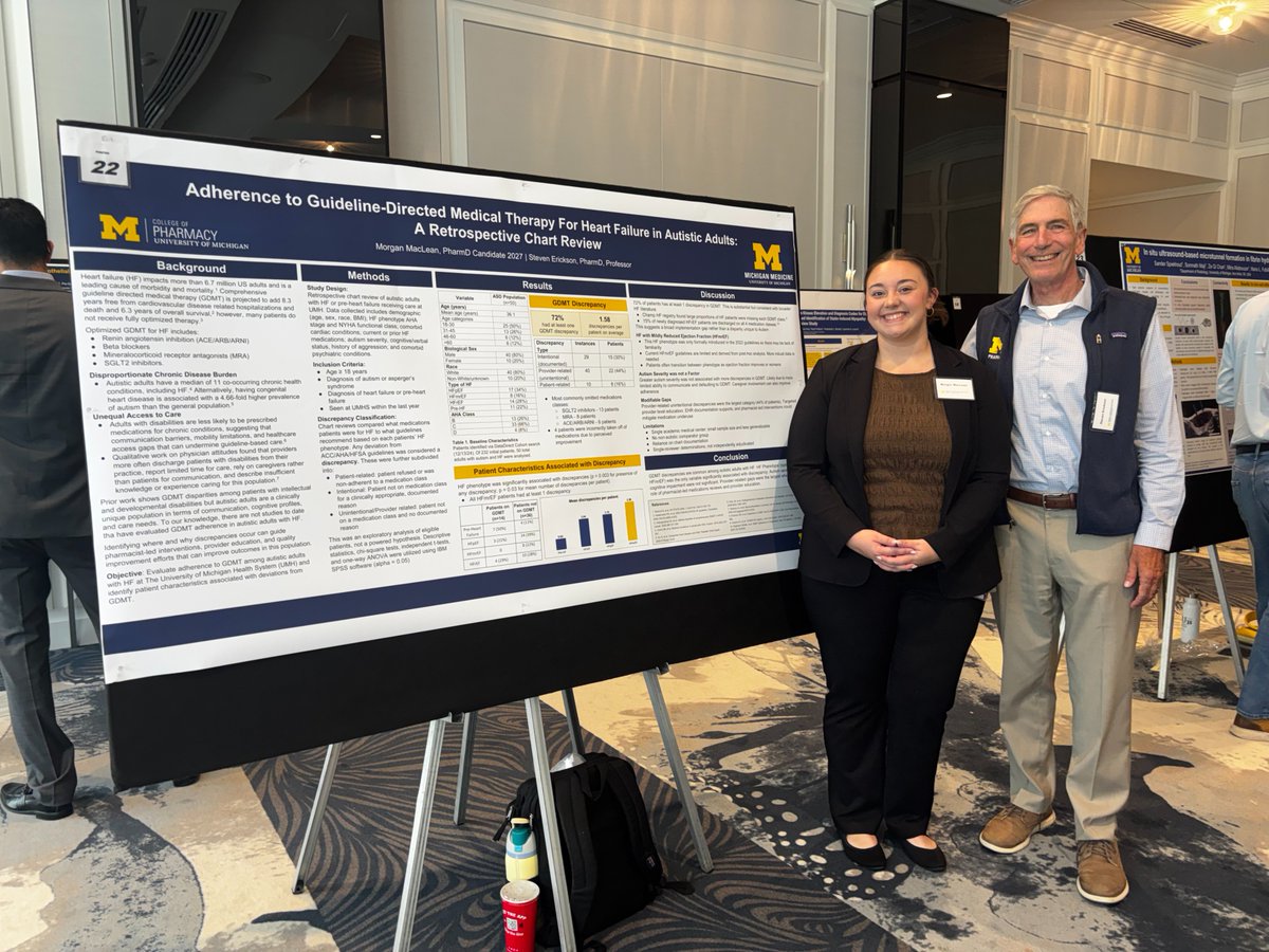 UMichPharmacy's tweet photo. Student Research Spotlight! 🔬

Morgan MacLean presented her PharmD Investigations project, “Adherence to Guideline-Directed Medical Therapy for Heart Failure in Autistic Adults: A Retrospective Chart Review,” at the 2026 U-M Annual Cardiovascular Research Network Symposium. https://t.co/FRXUFf6r9y