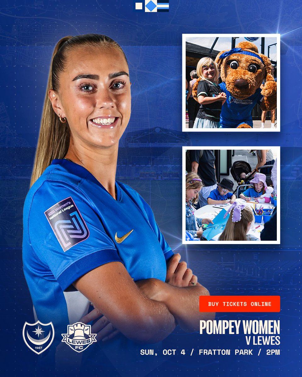 Pompey's tweet photo. 🏟️ Get your football fix at Fratton Park this Sunday!

🔵 @PompeyWomen v Lewes (2pm).
🥳 FanZone open from 12pm.
🎟️ Tickets on sale from £1.
🏳️ Mascot &amp; Flagwaver packages available.

🔗 https://t.co/suMkGsfPXZ https://t.co/pJ4DCvbu05