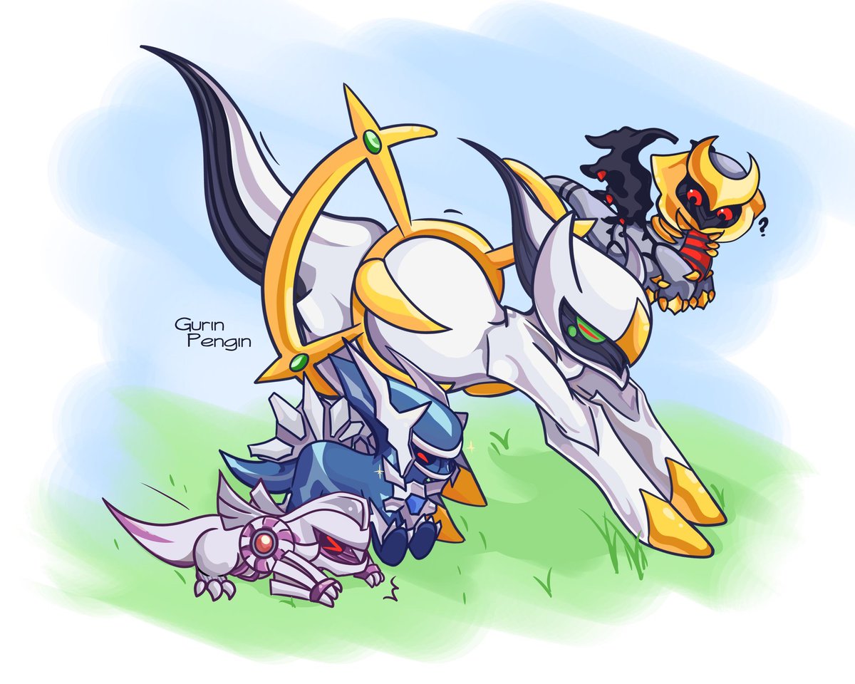 Gurinpengin's tweet photo. I drew this a year ago, omg the way I draw them has changed so much.

Anyway, repost.

#Arceus #Dialga #Palkia #Giratina https://t.co/gcDVOO4Z6W