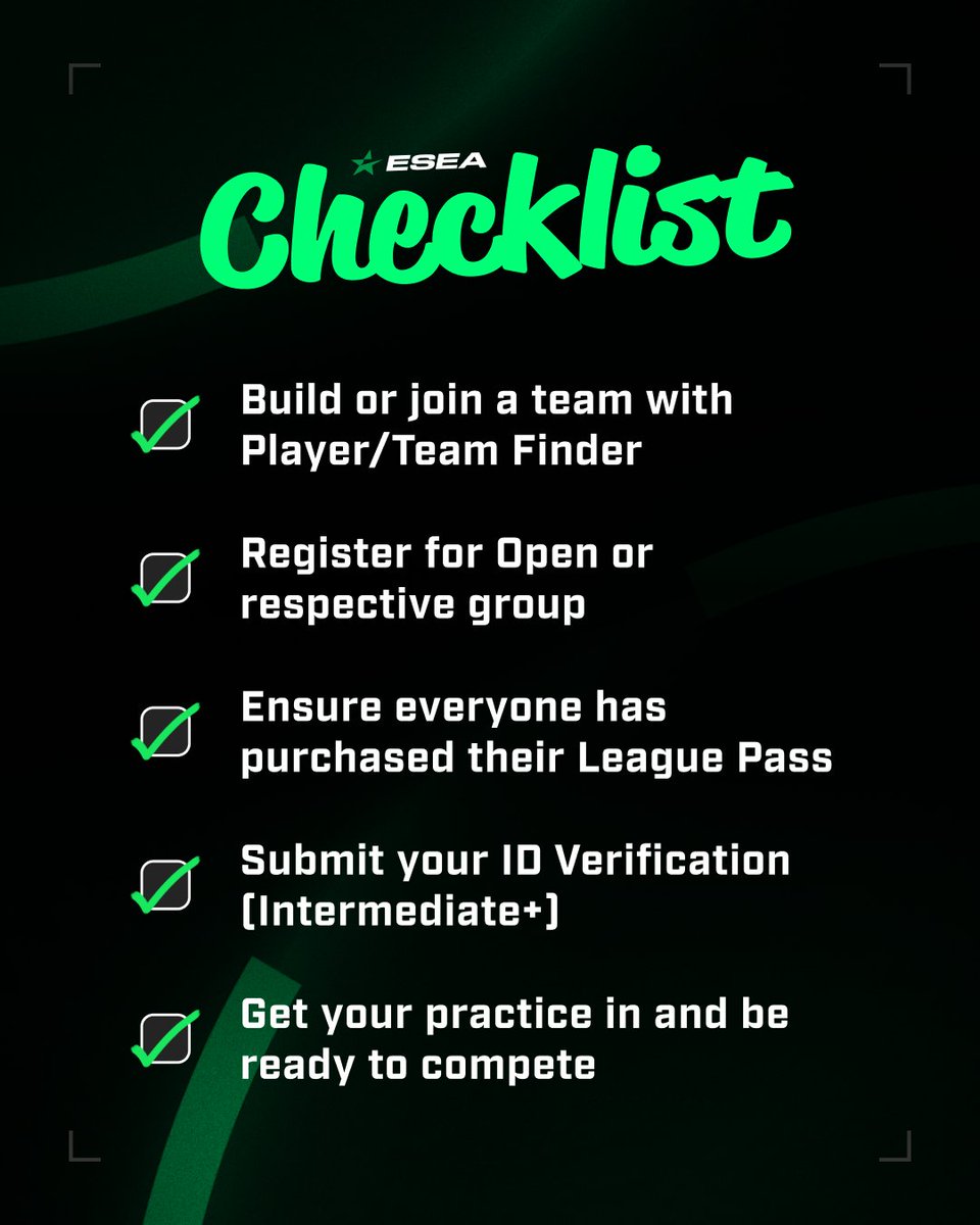 ESEA's tweet photo. Registration for Season 59 closes in less than 24 hours.

Check the graphic, complete your setup, and make sure every roster member has an active League Pass. Unpaid members will be removed.

Final call. Lock in your squad now. https://t.co/zPgxRF4Vna