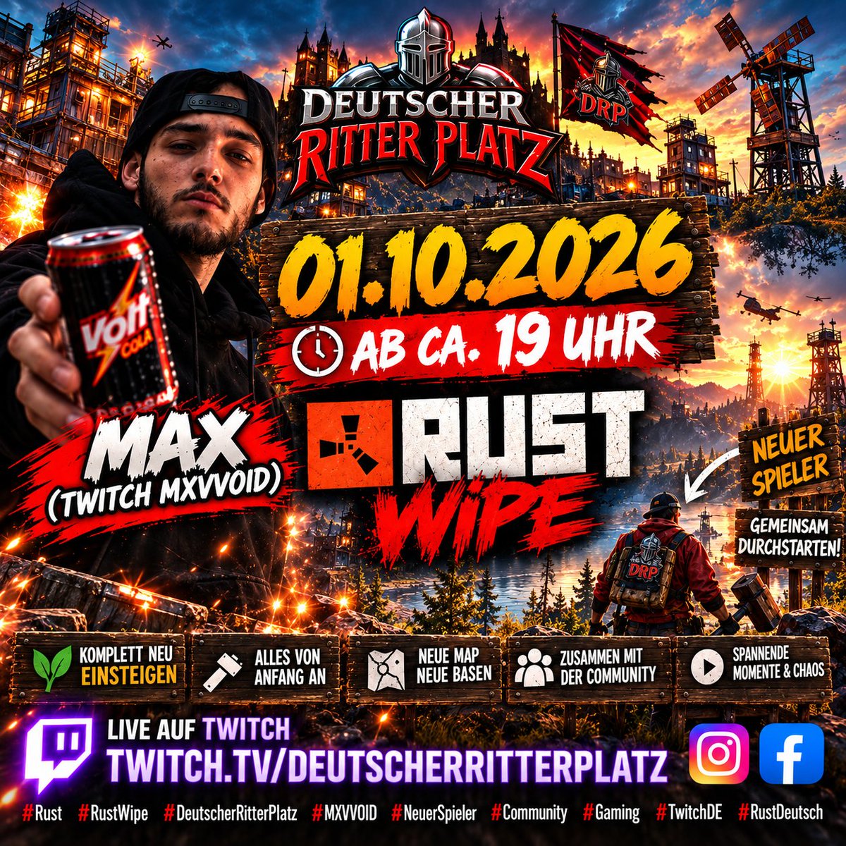mgcdrp's tweet photo. 🔥 RUST WIPE – MAX IST DAS ERSTE MAL DABEI! 🔥
Am 01.10.2026 ab ca. 19:00 Uhr wird’s spannend auf
dem Deutscher Ritter Platz Rust-Server!
📅 Donnerstag, 01.10.2026
⏰ ab ca. 19:00 Uhr
🎮 RUST – WIPE
🖥️ https://t.co/wqIy1JVWOp
📺 Live auf Twitch beim Deutscher Ritter Platz https://t.co/kh5EQVdfwe