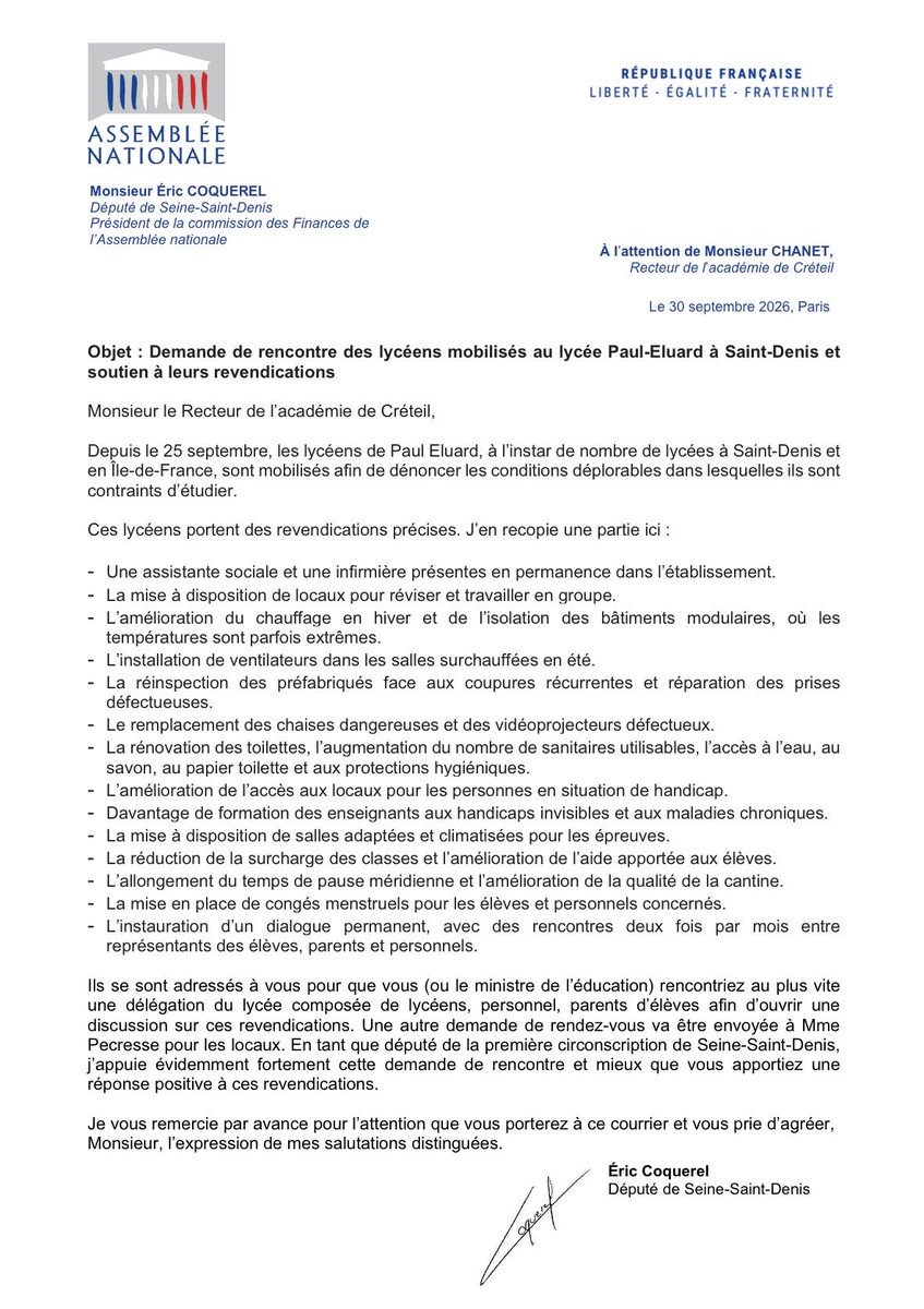 ericcoquerel's tweet photo. Les lycéens de Paul Eluard à Saint-Denis mobilisés ont dressé une liste de revendications concrètes. Ils ont demandé que le recteur de l’académie ou le ministre reçoivent une délégation. 

J’ai appuyé cette demande dans un courrier au recteur. ⤵️ https://t.co/UBkWTbU8nD