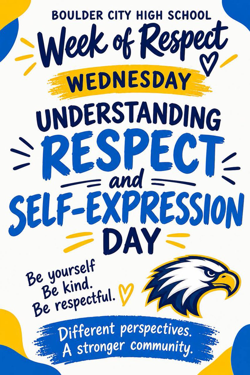 boulder_hs's tweet photo. ππ Week of Respect β Wednesday ππ
Today we celebrate understanding, respect, and self-expression. Our differences, ideas, and perspectives are part of what makes BCHS stronger.
Be yourself.π¦
Different perspectives. A stronger community.
#BCHS41 #NVWeekOfRespect https://t.co/lHhjlqKfzj